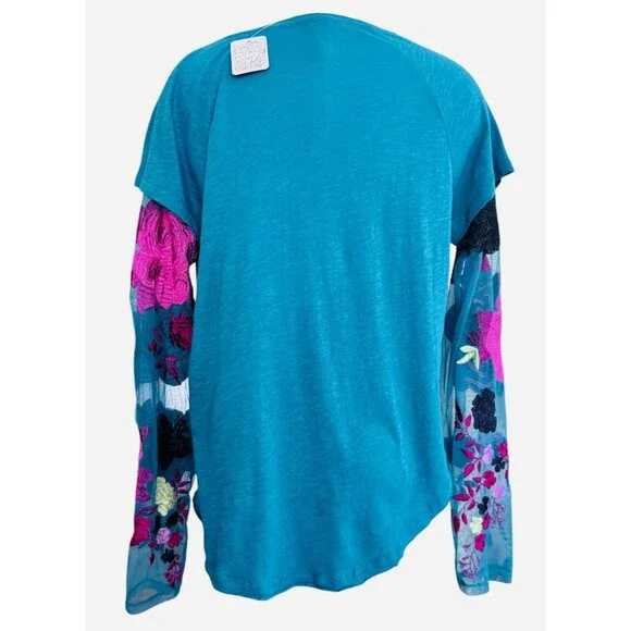Free People Wm M Take Me Away Twofer Blue Embroidered Lace Long Sleeve NEW W/TAG - Picture 6 of 8